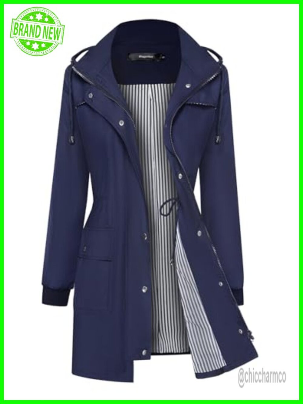 Waterproof Lightweight Hooded Rain Jacket Windbreaker Striped Lined
